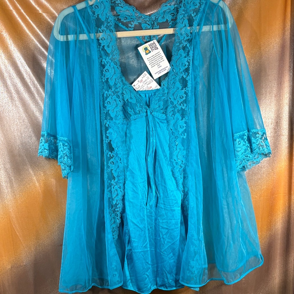 Vintage 50’s 2 piece teal chemise set. Sheer spaghetti strap nighty Lace Robe kk